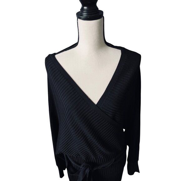 Love Tree Black Ribbed Knit Long Sleeve Mini Wrap Dress With Tie Waist & V-Neck - Picture 4 of 8